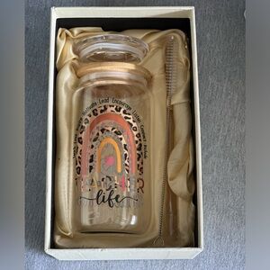 Teacher Life glass with 2 lids and straws.